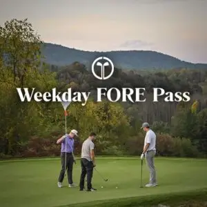 Three men playing golf at Great Gorge Golf Club, representing the GG The Shop Weekday FORE Pass, offering a fantastic golfing experience during the week.