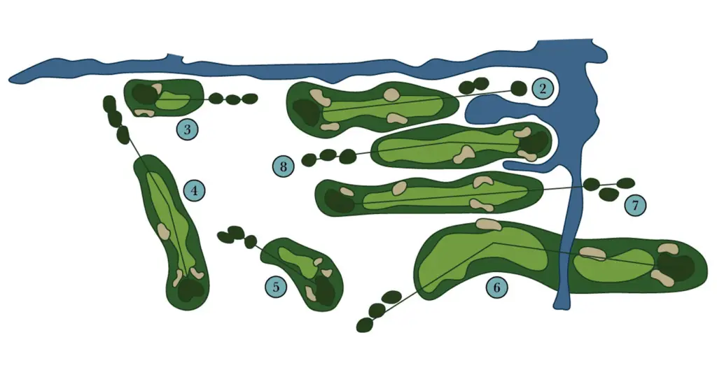 Graphic map of the Rail Course at The Great Gorge, located in Vernon, NJ, highlighting the layout of holes, hazards, and key landmarks on the course.