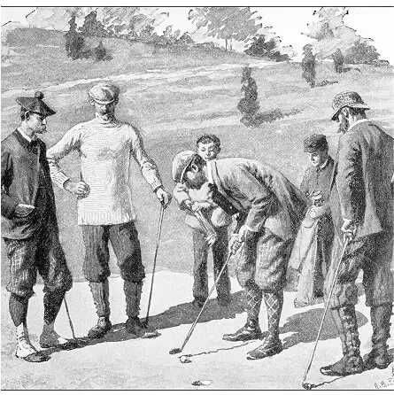 Vintage black-and-white photo of men playing golf, capturing a moment of focus and action on the course.