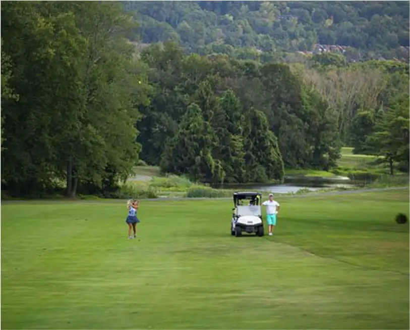 Scenic view of The Great Gorge from the Lake Course in Vernon, NJ, showcasing lush fairways