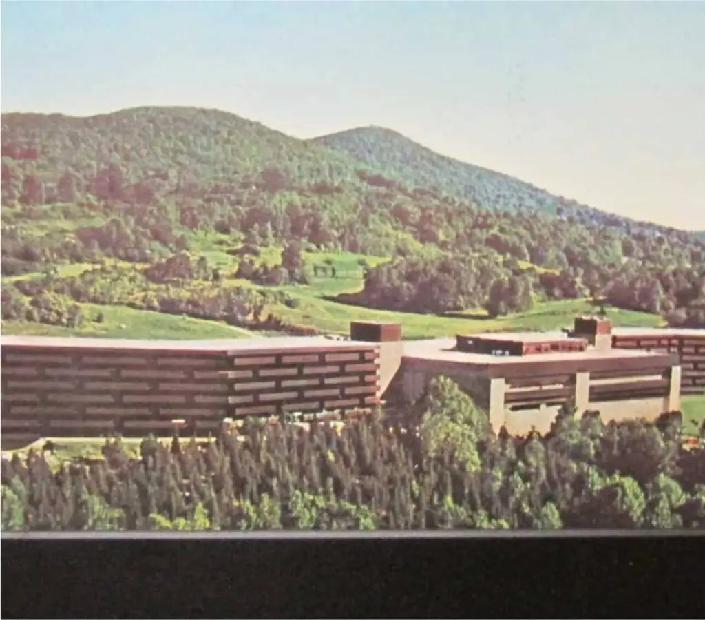Historic photo of the construction of The Great Gorge in Vernon, NJ, showing workers and machinery as the golf courses and resort begin to take shape amidst the natural landscape.