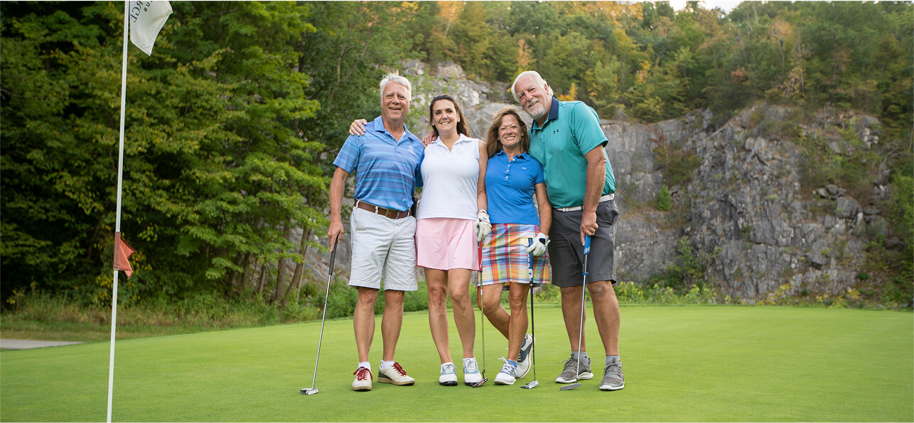 Group of seniors posing at The Great Gorge in Vernon, NJ, smiling and enjoying a day on the course, representing the benefits of senior cards and community engagement.