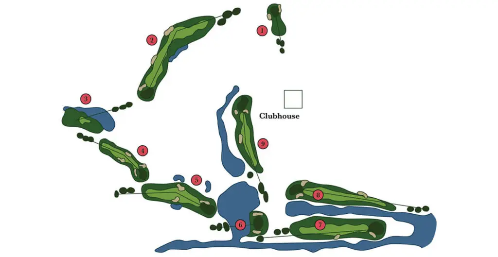Graphic map of the Quarry Course at The Great Gorge, located in Vernon, NJ, showcasing the layout of holes, hazards, and key landmarks with views of the rugged quarry terrain.