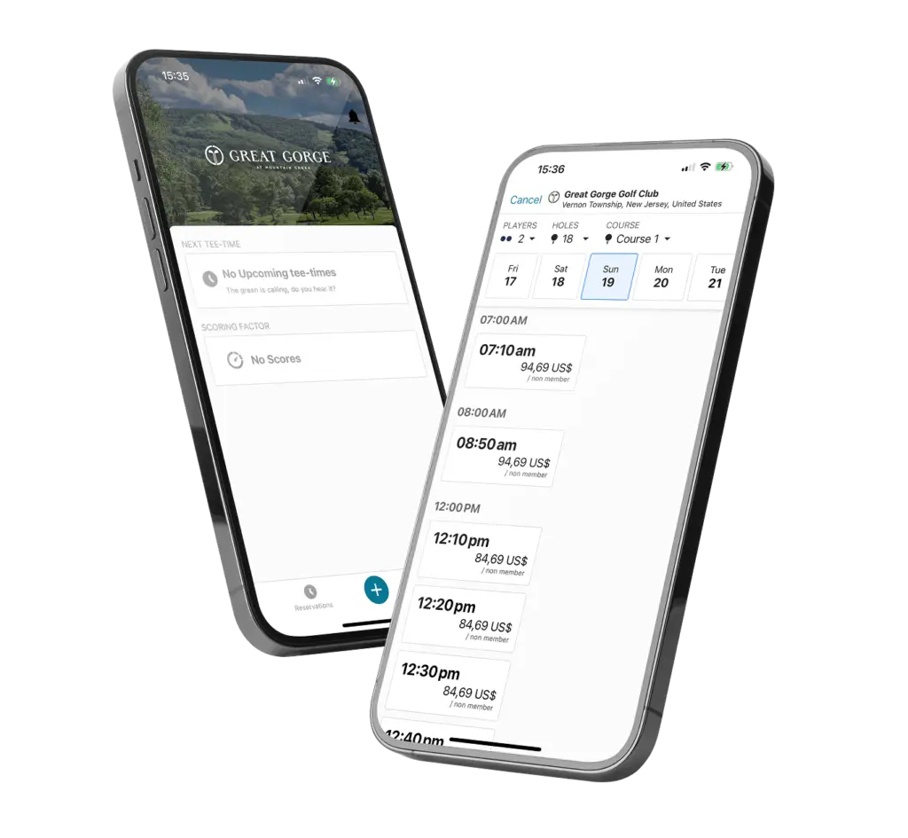 Two iPhone mockups showing the app interface for booking a tee time at The Great Gorge, with clear options and an easy-to-use design.