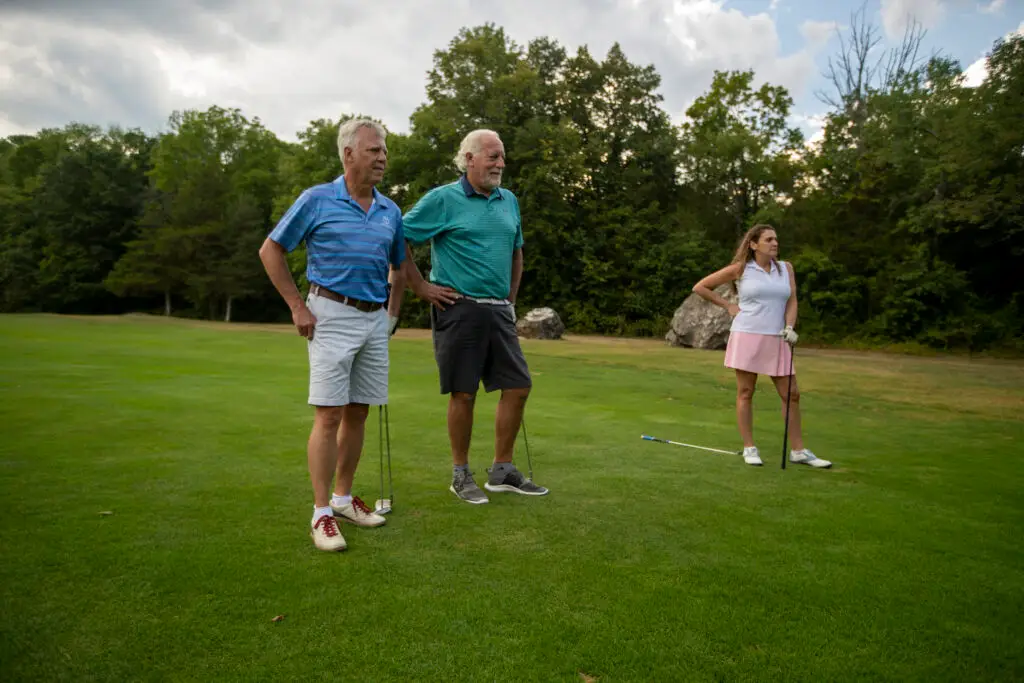 Group of seniors playing golf at Great Gorge Vernon NJ, as a concept of health benefits of golfing for seniors.